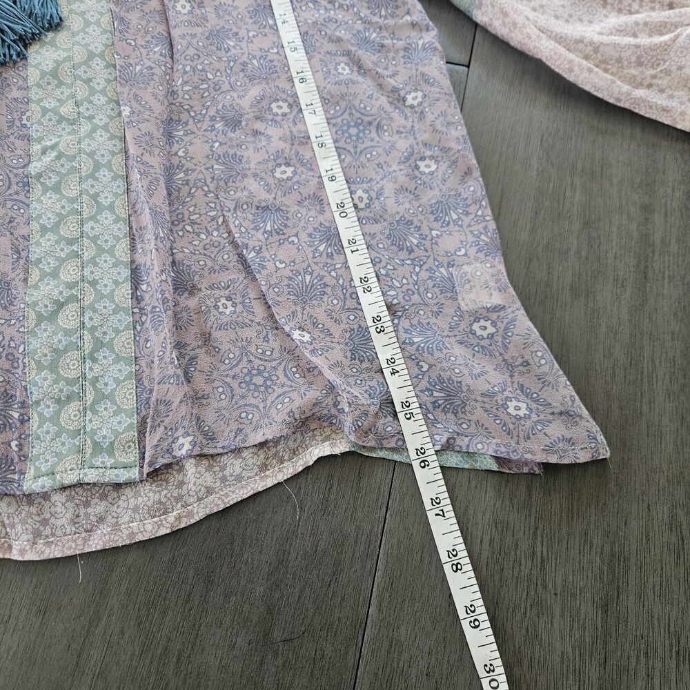 GYPSY Sz L Mauve Pink Green Floral Patchwork SILK SHEER PEASANT BLOUSE Tassels - Picture 7 of 8